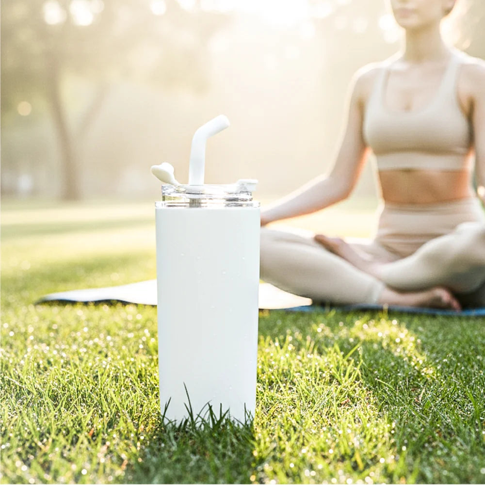 Double Wall SS Tumblers with Transparent Lid & Metal Straw – 500ml